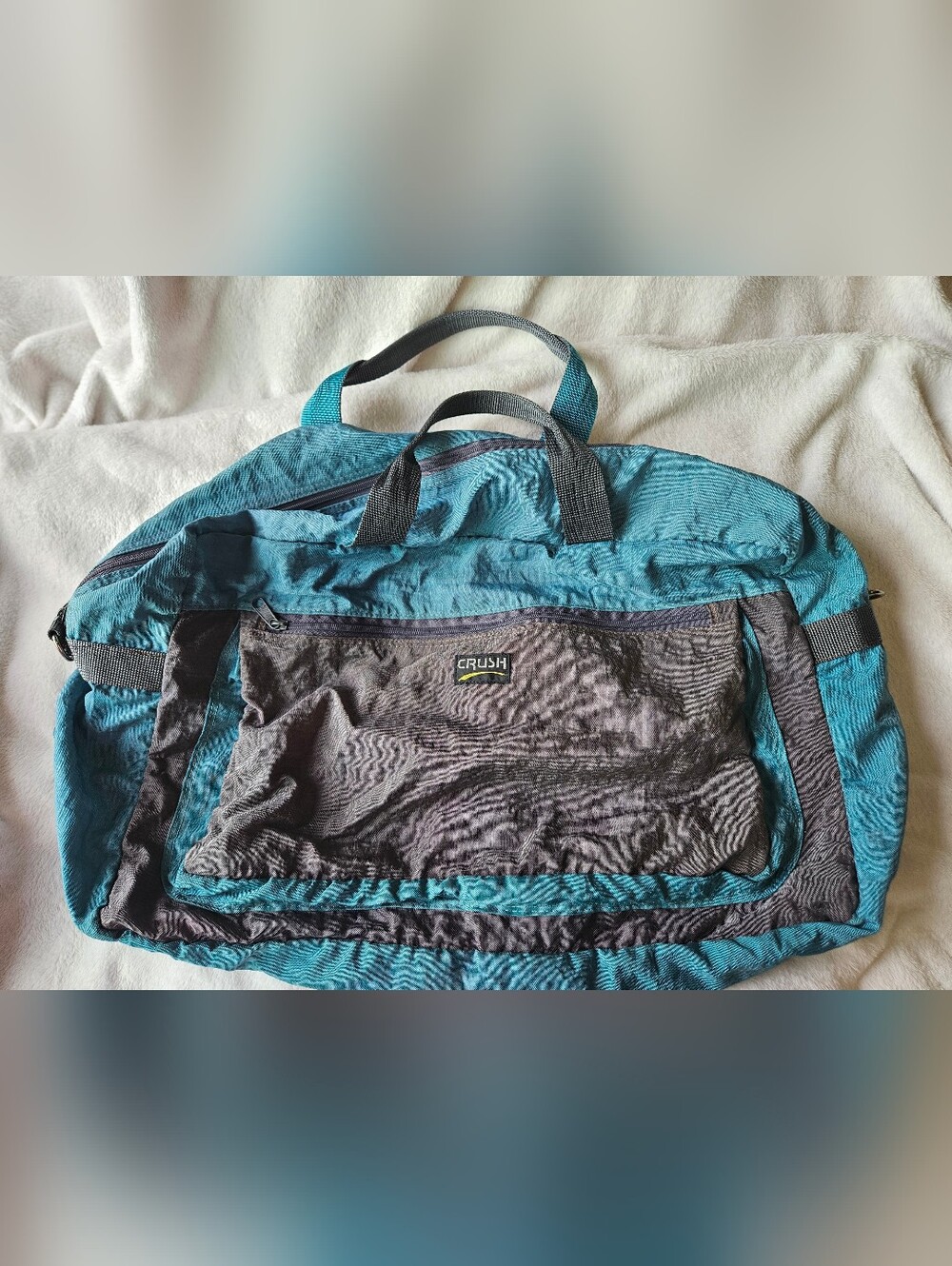 Vintage 90s Packable Nylon Duffel Bag Gym Travel Colorblock Teal & Grey 21"